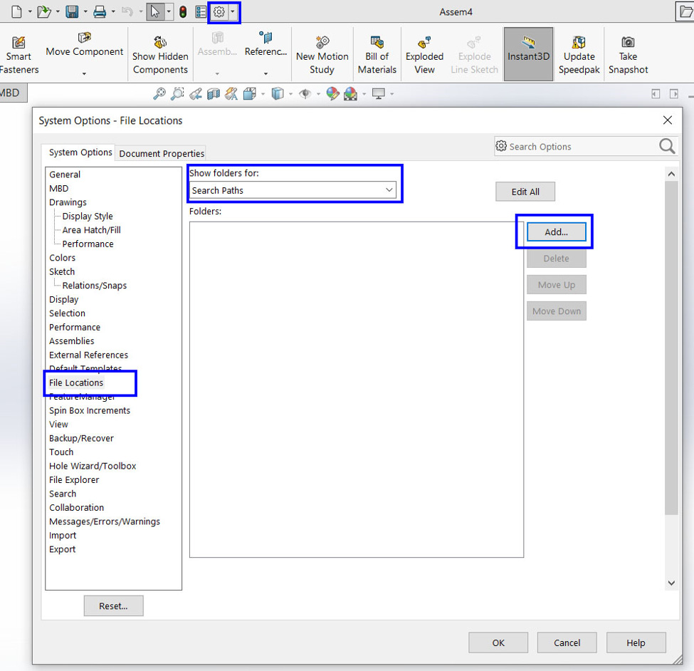 تعریف آدرس پیش فرض فایل برای افزودن قطعه به محیط assembly نرمافزار solidworks 2020